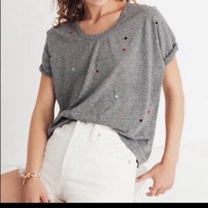 Madewell Grey U-neck T-shirt Embroidered Colored Squares Size Medium